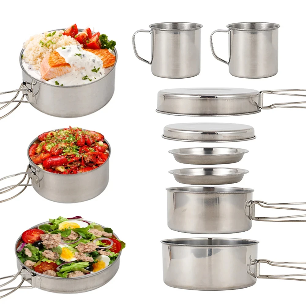 8 unids/set utensilios de coci - Camping Cooking Pot Set reseña y precio